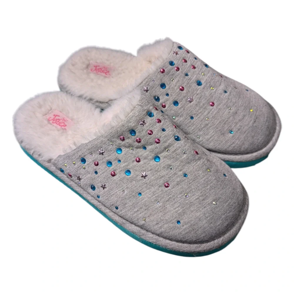 Justice - Girls Grey Studded Slippers Featuring A Rhinestone Design-Size Y 1.5-2